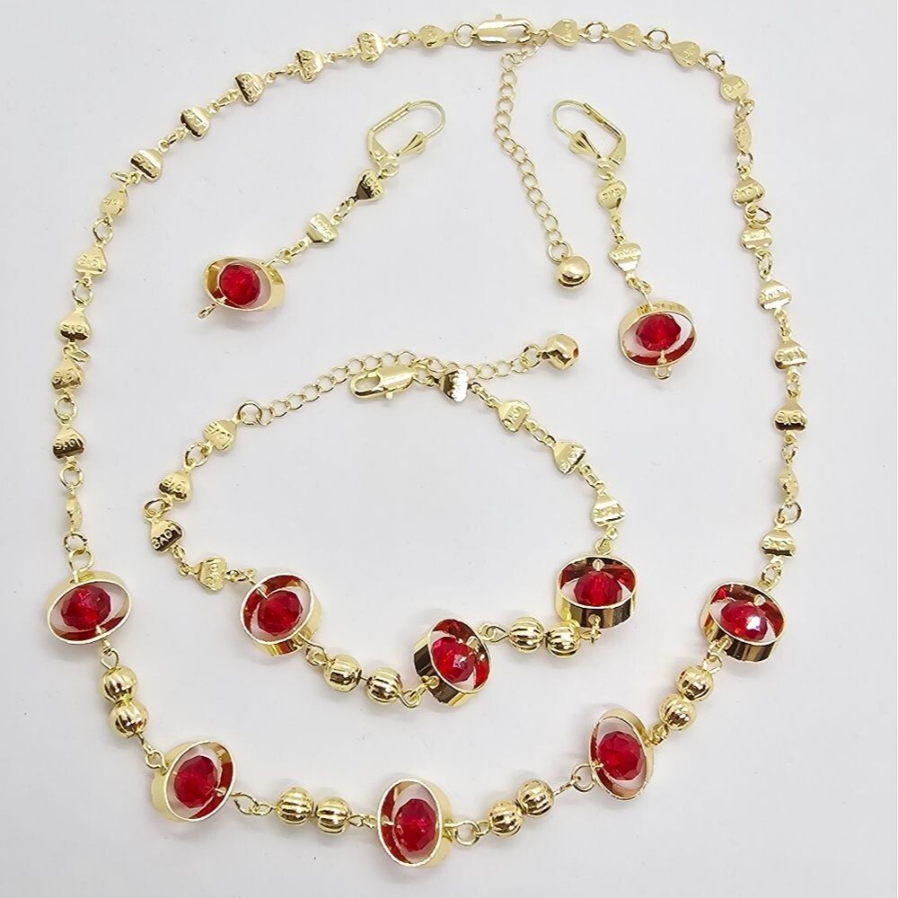 Red Crystal and Gold Tone Jewelry SET Earrings, Necklace and Bracelet